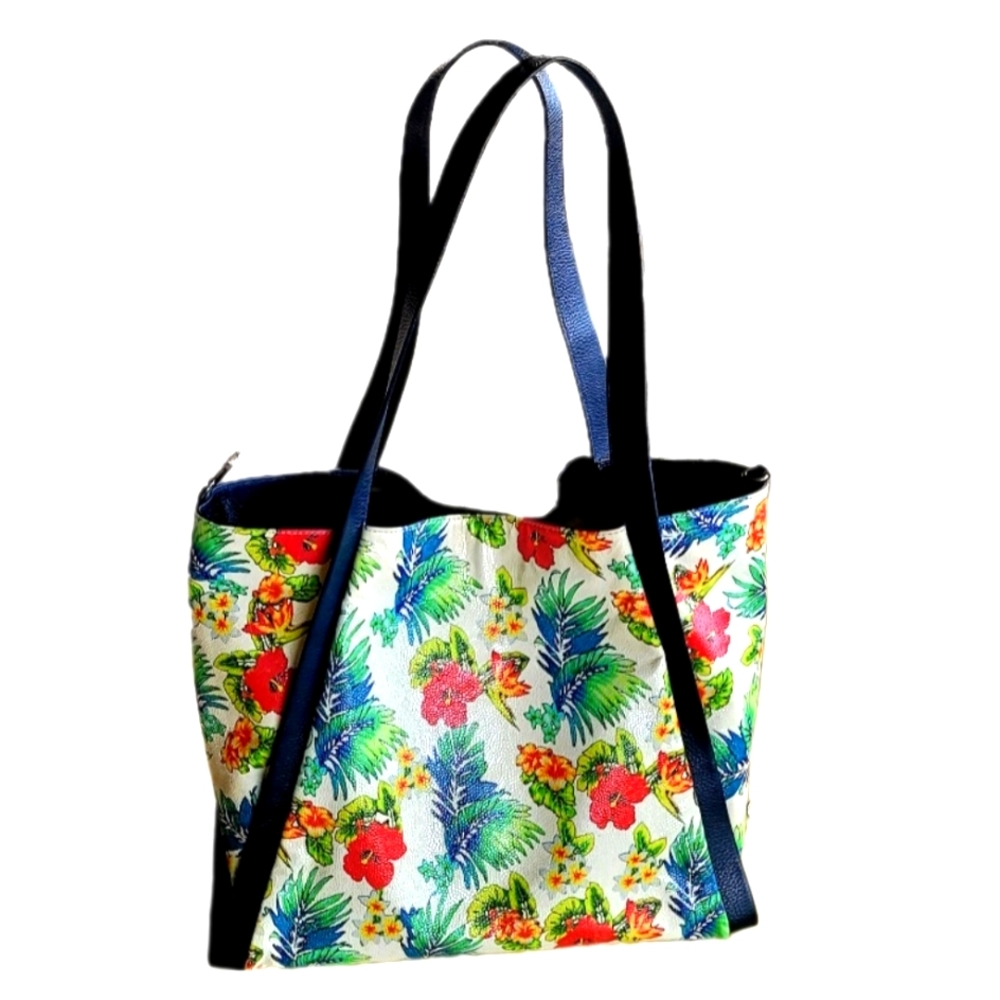 SENSATIONAL Pebbled  Leather Tote Bag Sunny Floral Print Handmade in Türkiye